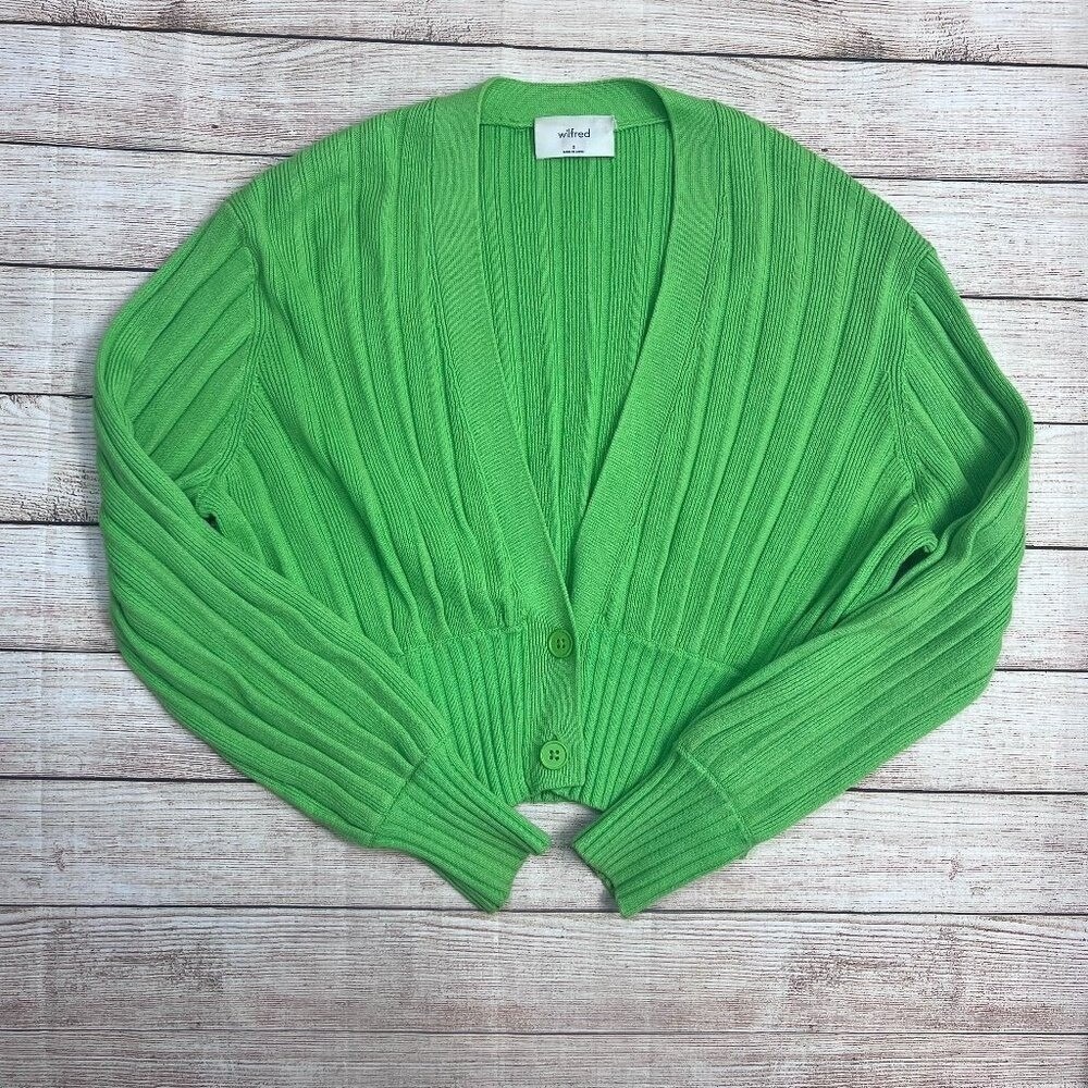 Wilfred Cardigan Small Green Ribbed Merino Wool Cotton Cropped VNeck Office Cozy